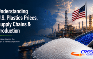 Featured image illustrating U.S. plastics pricing, supply chains, and production with a petrochemical facility, plastic resin pellets, LNG tanker, and American flag.